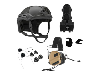 PTS Flux helmet bundle in black with a tan Earmor M32 Plus headset, rail adapters and counterweight pouch