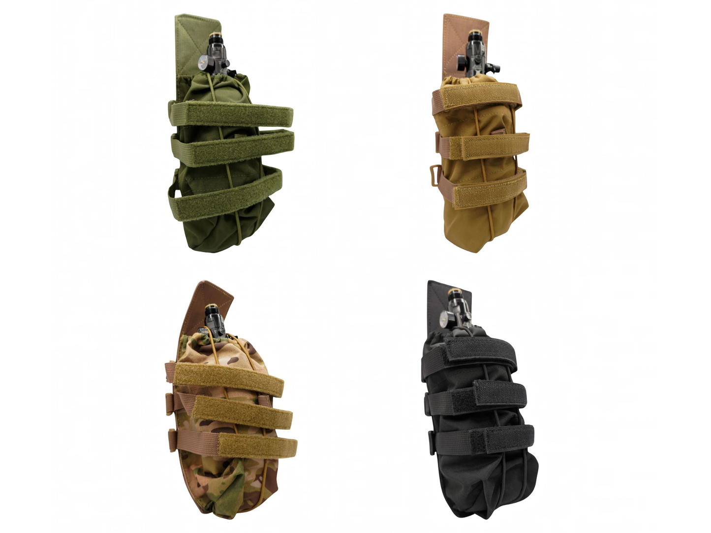 Rebel Precision universal HPA tank MOLLE pouch shown in all four colourways