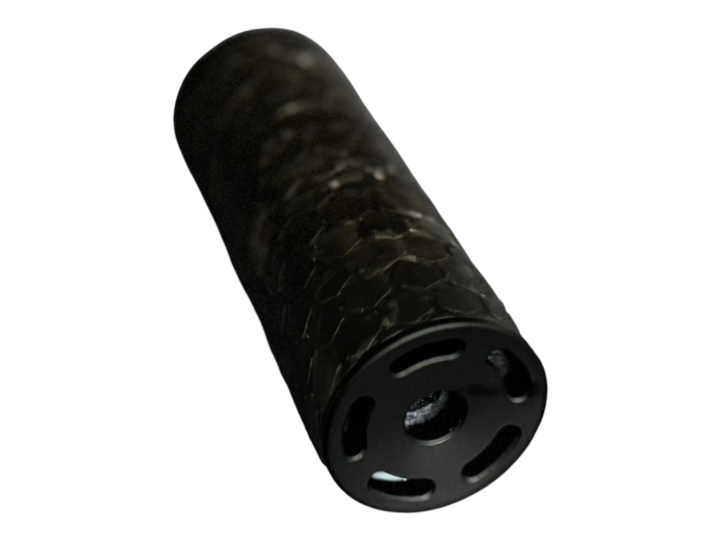Image 5: Strike Carbon HEX 40 4 inch suppressor angled view showing hex engraving and carbon finish