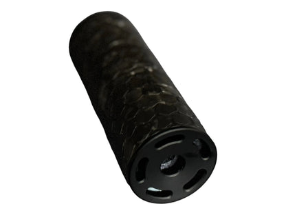 Image 5: Strike Carbon HEX 40 4 inch suppressor angled view showing hex engraving and carbon finish