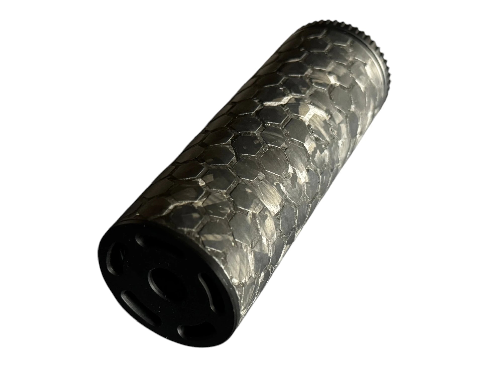 Image 4: Close-up of the forged carbon weave on the Strike Carbon HEX 40 4 inch airsoft suppressor