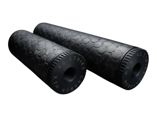Image 1: Strike Carbon HEX 40 4 inch forged carbon airsoft suppressor, 40mm, full side view