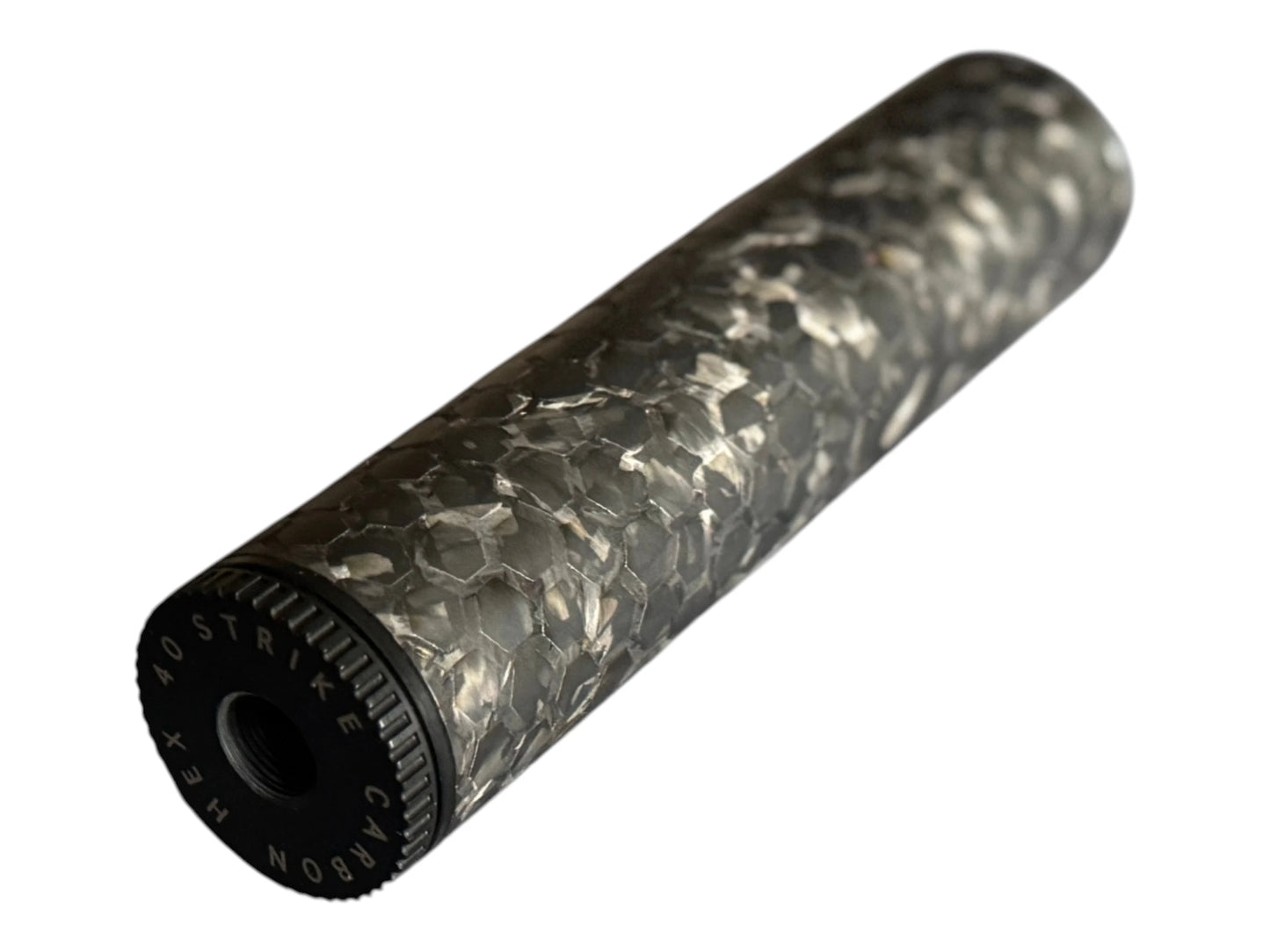 Image 1: Strike Carbon HEX 40 6 inch forged carbon airsoft suppressor, 40mm, full side view
