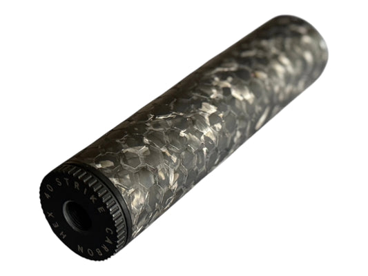 Image 1: Strike Carbon HEX 40 6 inch forged carbon airsoft suppressor, 40mm, full side view