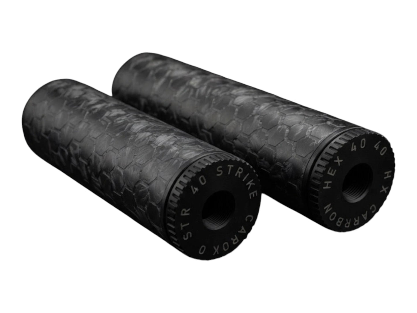 Image 5: Strike Carbon HEX 40 6 inch forged carbon airsoft suppressor angled product view