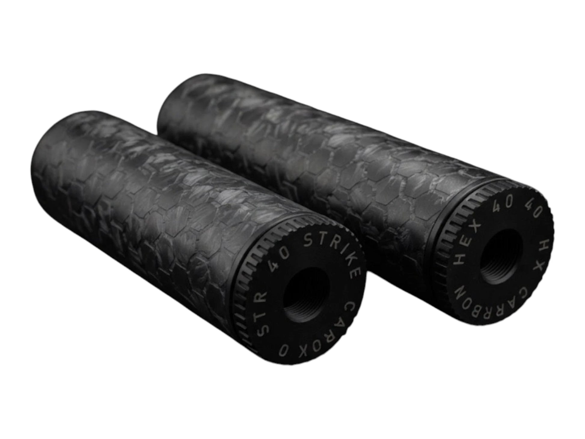 Image 5: Strike Carbon HEX 40 6 inch forged carbon airsoft suppressor angled product view