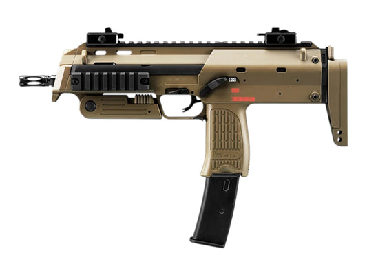Tokyo Marui MP7A1 gas blowback SMG in tan with the stock extended and magazine fitted