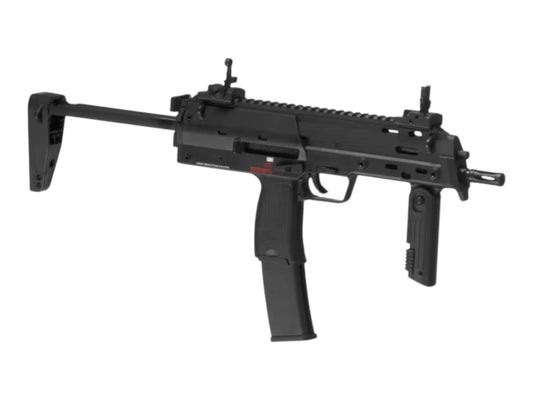 Umarex H&K MP7A1 gas blowback SMG in black with the stock extended and foregrip folded