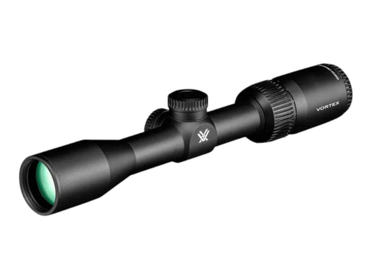Vortex Crossfire HD 2-7x32 riflescope in black, side profile with green lens coating