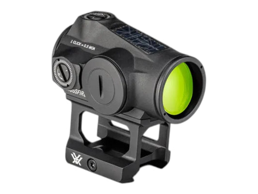 Vortex Crossfire II Solar green dot sight angled from the rear with riser mount