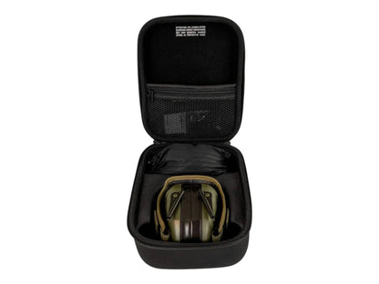 Wiley X hard carry case opened to show the Vapor Comm earmuffs stowed inside with a mesh lid pocket