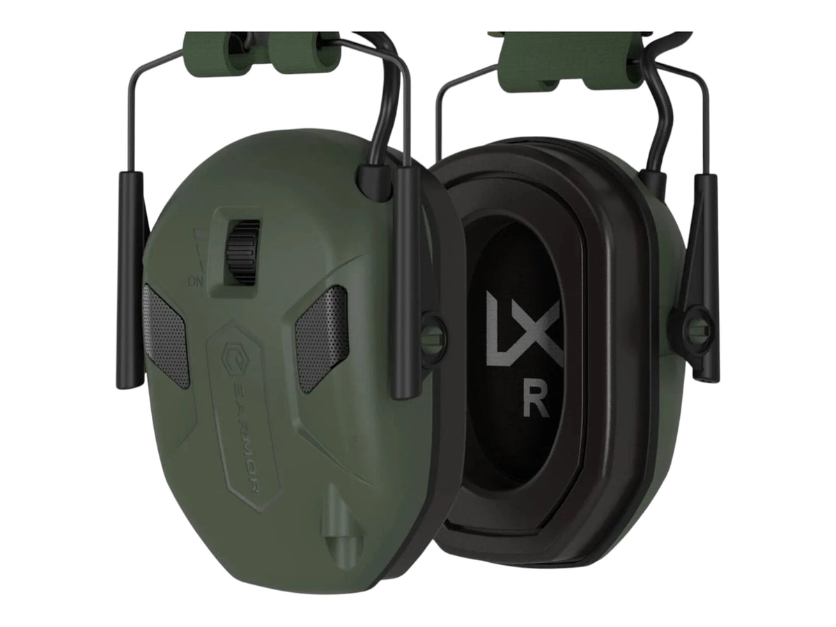 Pair of green Wiley X Vapor Comm ear cups showing the outer shell and the foam-lined inner cushion