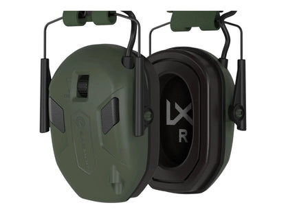 Pair of green Wiley X Vapor Comm ear cups showing the outer shell and the foam-lined inner cushion
