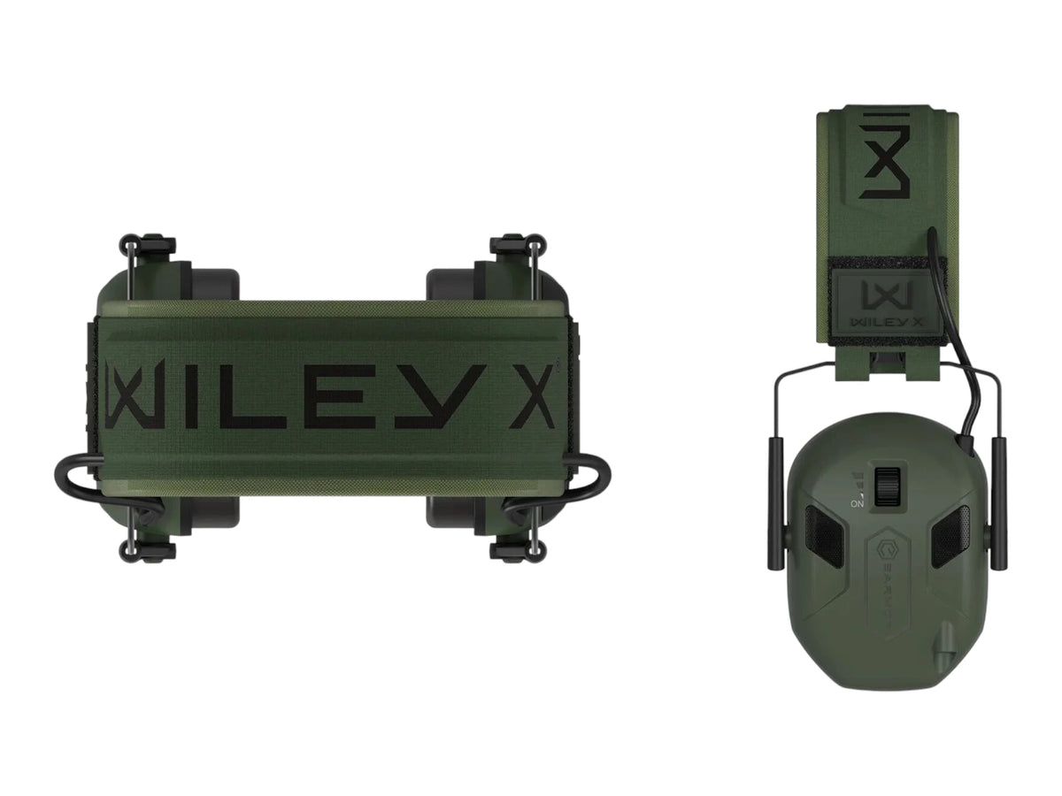 Wiley X branded headband pad and a folded green Vapor Comm earmuff shown side by side