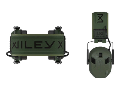 Wiley X branded headband pad and a folded green Vapor Comm earmuff shown side by side