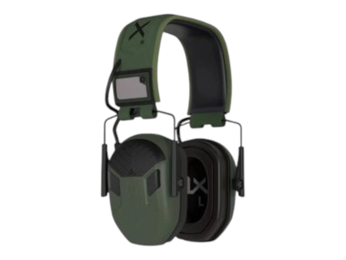 Green Wiley X Vapor Comm electronic earmuffs viewed from the front with padded headband