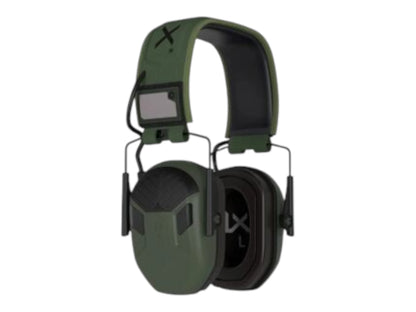 Green Wiley X Vapor Comm electronic earmuffs viewed from the front with padded headband