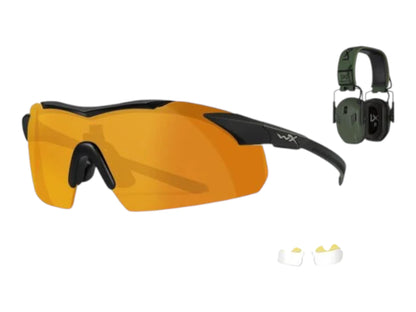 Wiley X Vapor glasses with orange lens beside green Vapor Comm earmuffs and a pair of foam ear plugs