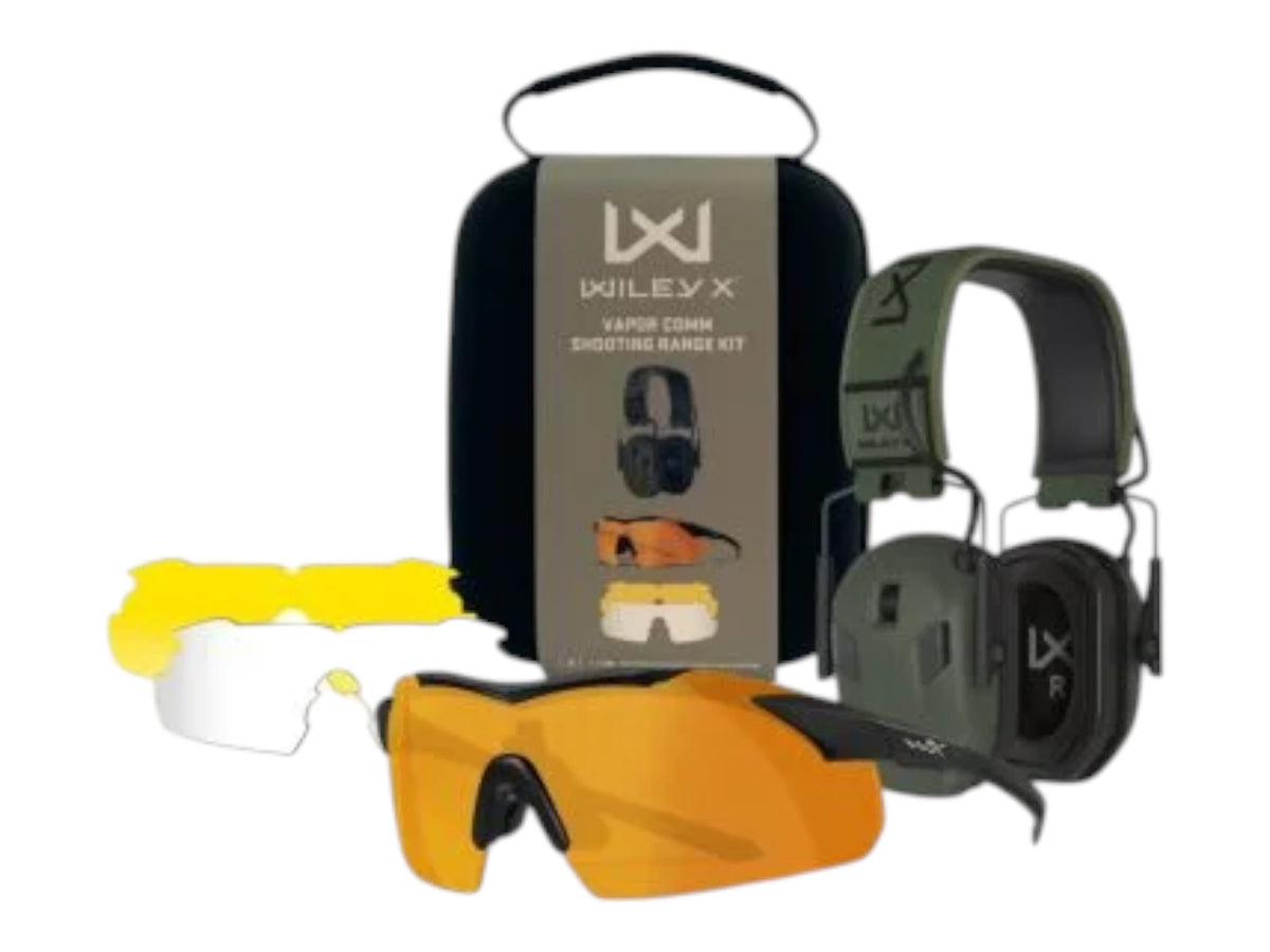 Wiley X Vapor Comm range kit with hard case, green electronic earmuffs and glasses with orange, yellow and clear lenses