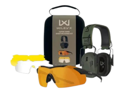 Wiley X Vapor Comm range kit with hard case, green electronic earmuffs and glasses with orange, yellow and clear lenses