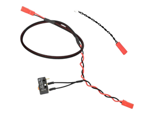 Wolverine BOLT wire harness with red JST connectors at both ends, an inline microswitch and a twisted pigtail