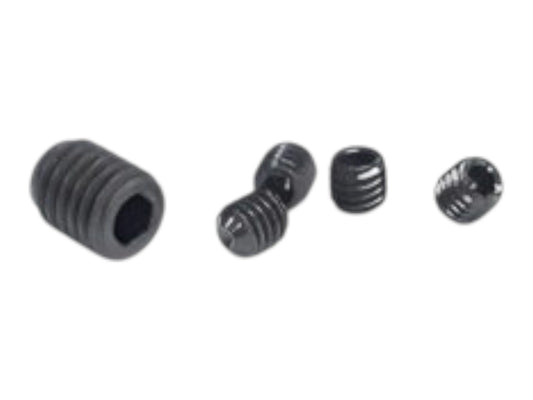 Four Wolverine STORM Cat 5 grub screws in black, shown at different angles with their hex sockets visible