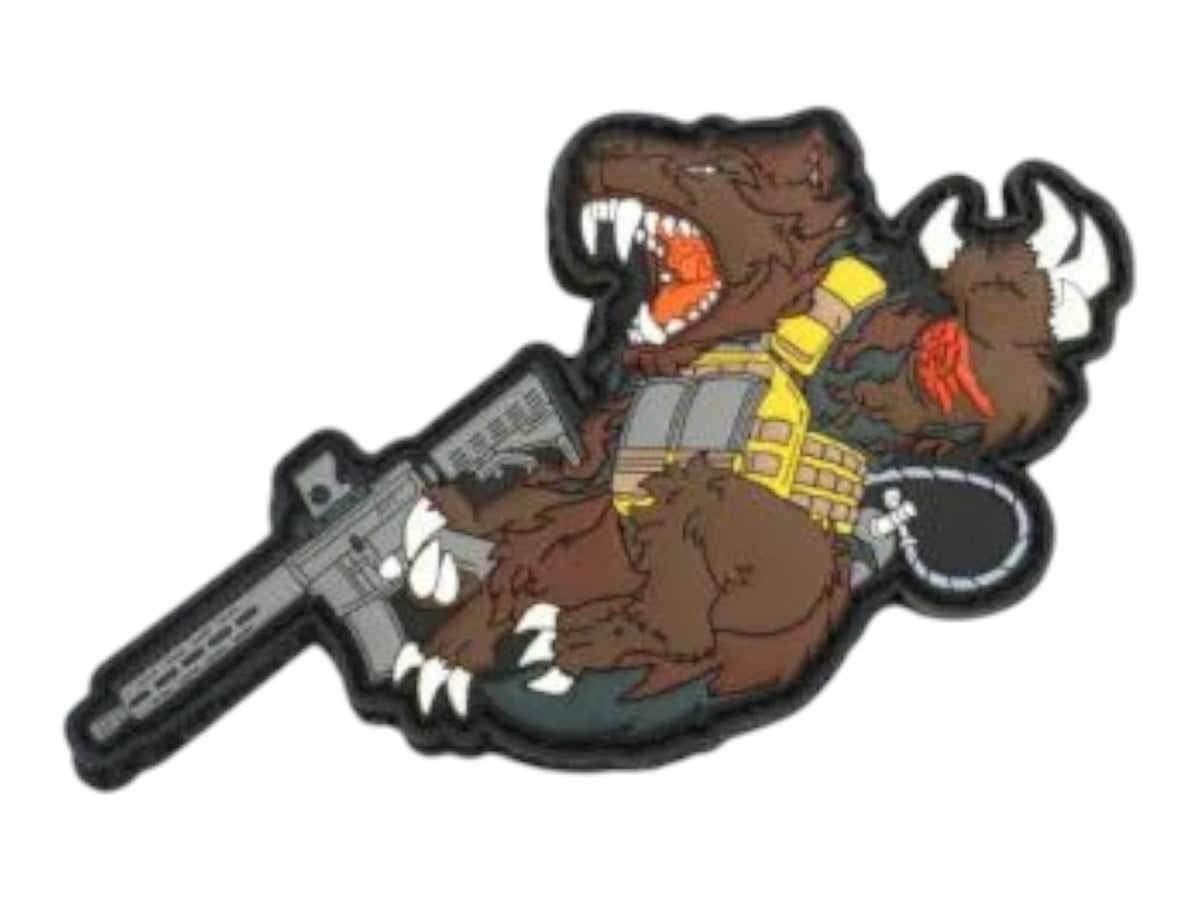 Wolverine Cuddles moulded 3D rubber morale patch showing the mascot carrying an MTW