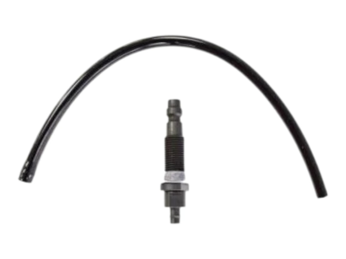 Wolverine Filtered Grip Connect, a black machined inline body with a hex flat, shown beside a coiled black air line