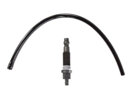 Wolverine Filtered Grip Connect, a black machined inline body with a hex flat, shown beside a coiled black air line
