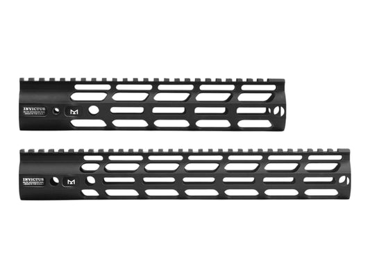 Two Wolverine Invictus Advanced Series M-LOK handguards shown one above the other, both with picatinny top rails