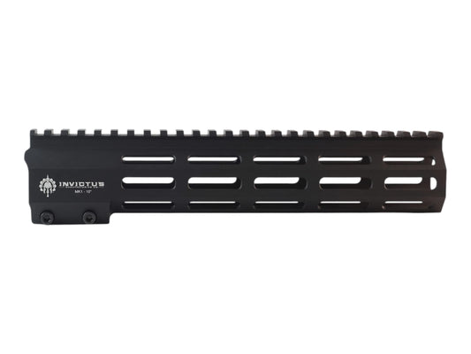 Medium-length Wolverine Invictus MK1 M-LOK handguard in black, side view with the Invictus logo at the rear