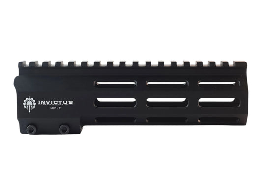 Angled view of the rear half of a Wolverine Invictus MK1 handguard showing the top picatinny rail and Invictus marking