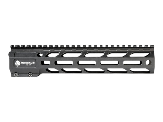 Wolverine Invictus MK2 M-LOK handguard in black, side view with a picatinny top rail and the Invictus logo at the rear