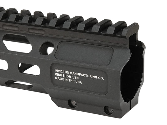 Close-up of a Wolverine Invictus MK2 handguard engraved Invictus Manufacturing Co, with two hex clamp screws