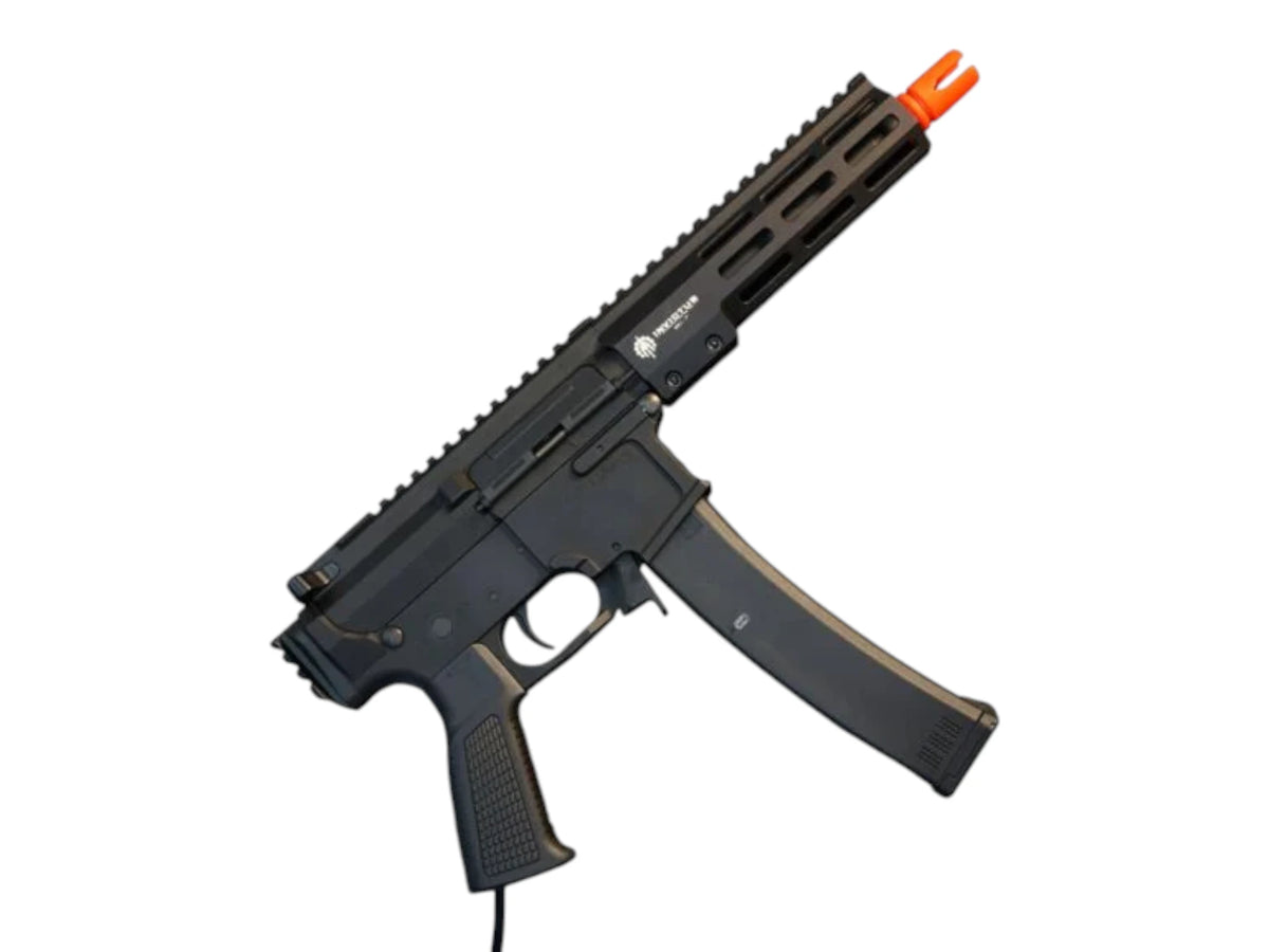 Wolverine MTW-9 Standard Edition HPA SMG, left side, with its short M-LOK rail and tan magazine