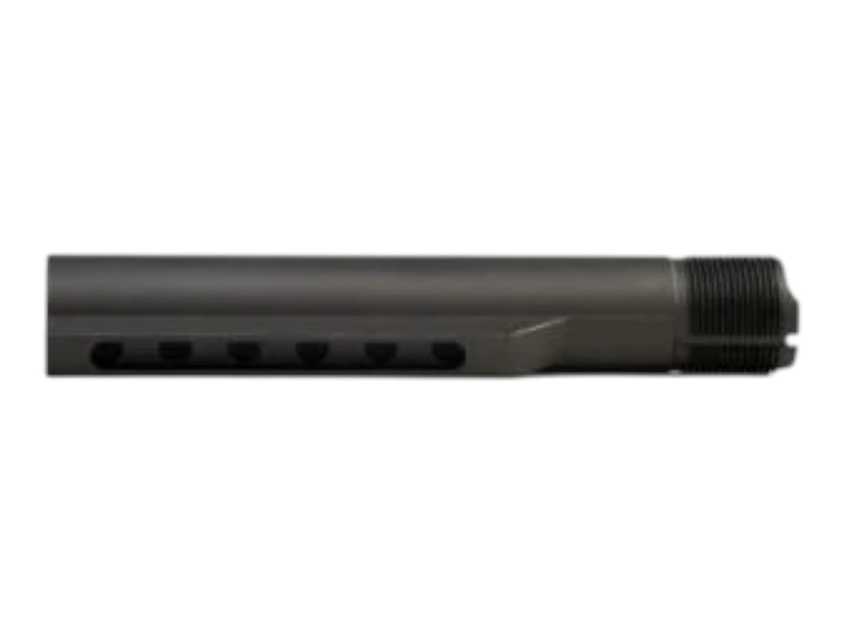 Wolverine MTW mil-spec buffer tube in anodised matte black, showing the row of stock position notches