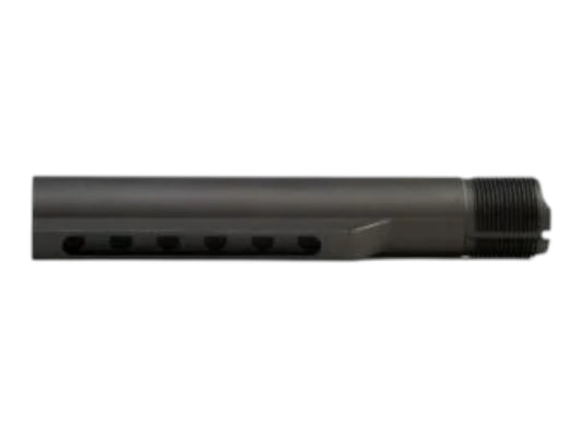 Wolverine MTW mil-spec buffer tube in anodised matte black, showing the row of stock position notches