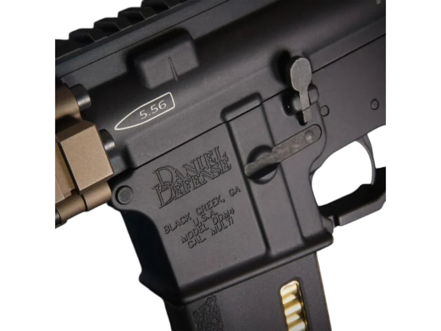 Daniel Defense trademarks and 5.56 marking on the MTW MK18 XB lower receiver above the magazine well