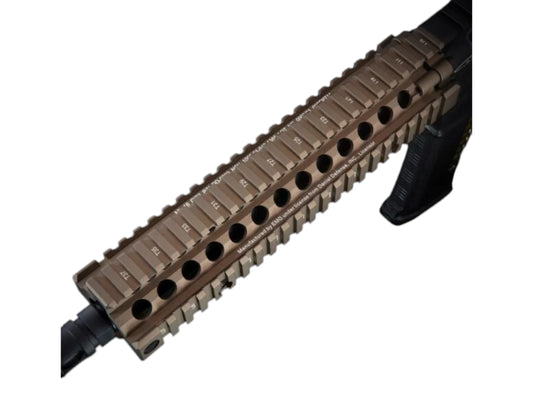 Daniel Defense RIS II quad rail in bronze on the MTW MK18 XB, showing its round vent holes