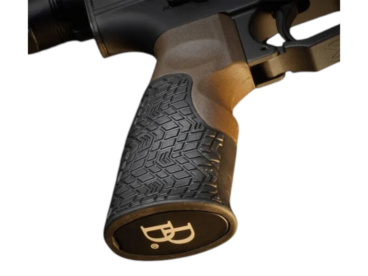 Textured pistol grip on the MTW MK18 XB with the Daniel Defense roundel on its base