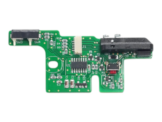 Wolverine MTW advanced trigger board, a green PCB with two black optical sensor blocks