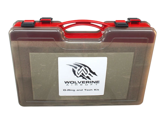 Wolverine O-Ring and Tech Kit in its smoke plastic case with a red handle and latches, lid label showing the logo