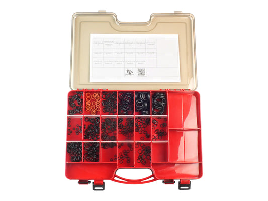 The Wolverine O-Ring and Tech Kit open, showing a red compartment tray of black o-rings and a parts chart in the lid