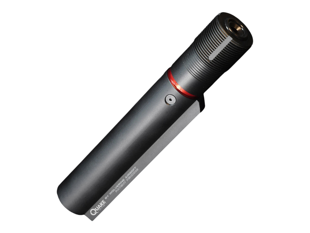 Wolverine QUAKE MTW recoil stock, a black tube with a knurled end cap, red accent ring and flat mounting plate