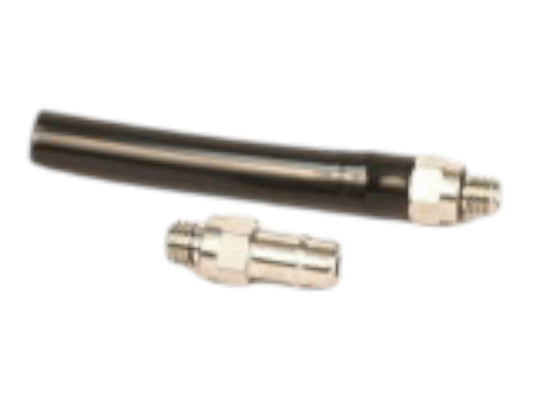 Wolverine WRAITH mini airline, a short dark tube with a threaded silver fitting, beside a double-ended barb