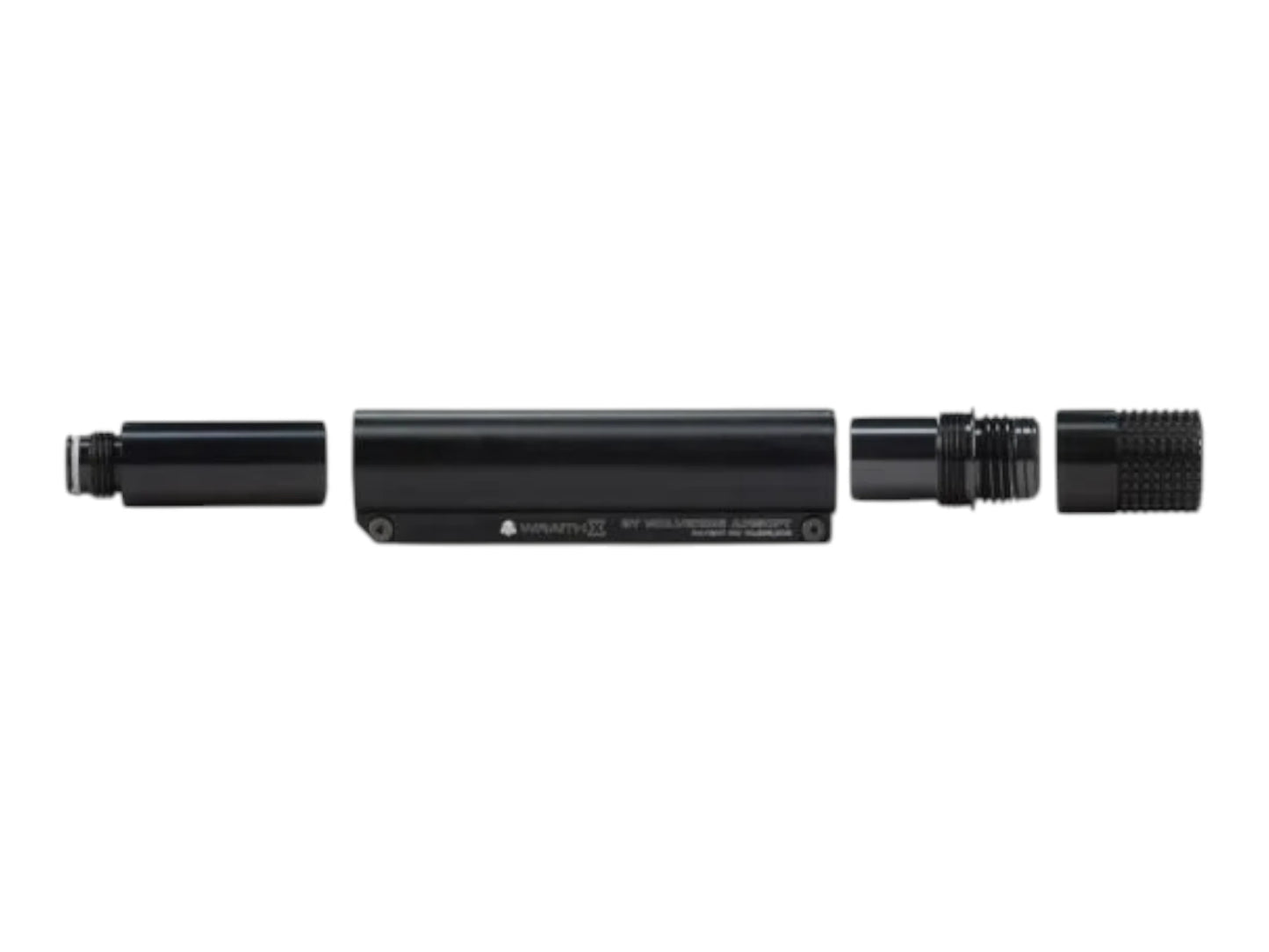 Wolverine WRAITH X CO2 upgrade kit components laid out, including the buffer tube, expansion chamber and cartridge holder