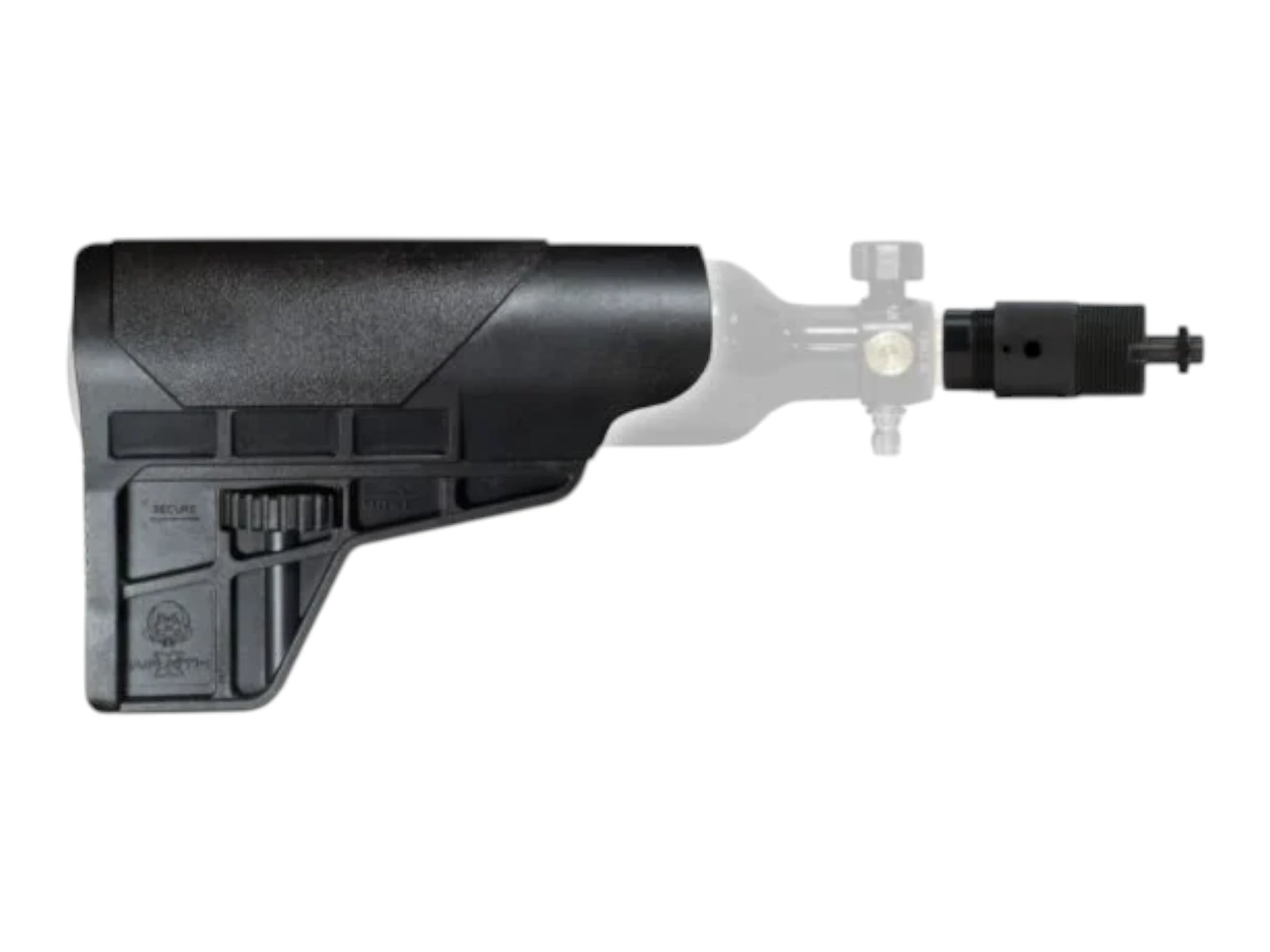 Wolverine WRAITH X HPA tank stock for AEG builds with the STORM Category 5 regulator fitted at the rear