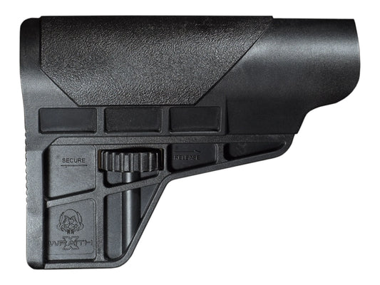 Wolverine WRAITH X tank stock in black polymer, side view with the adjustment wheel and the moulded Wolverine logo
