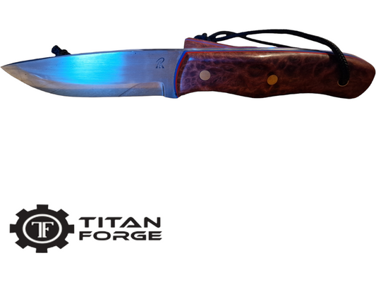 Bushcraft Knife Red Dyed Maple Burl with Blue & Red G10 Liners